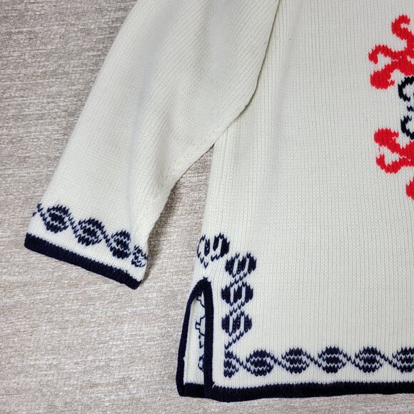 Vintage Nordic Knit Sweater Cream Red Navy Mock Neck Acrylic Wool Blend @L/XL - Picture 4 of 16